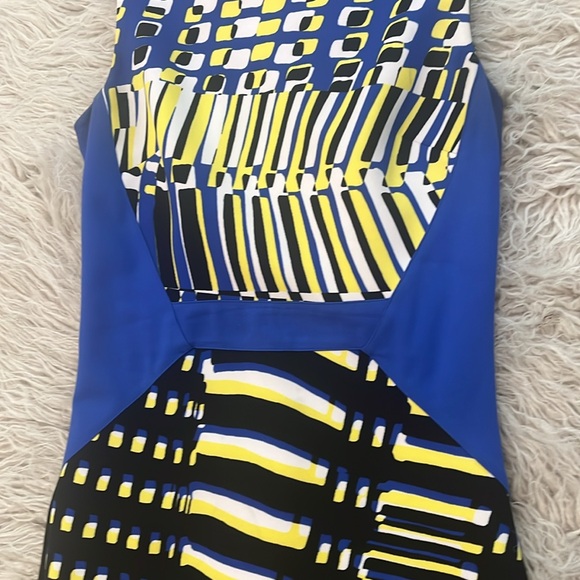 4/$19 like new Bebe black blue yellow white polka dot stripe funky pattern dress - Picture 2 of 4